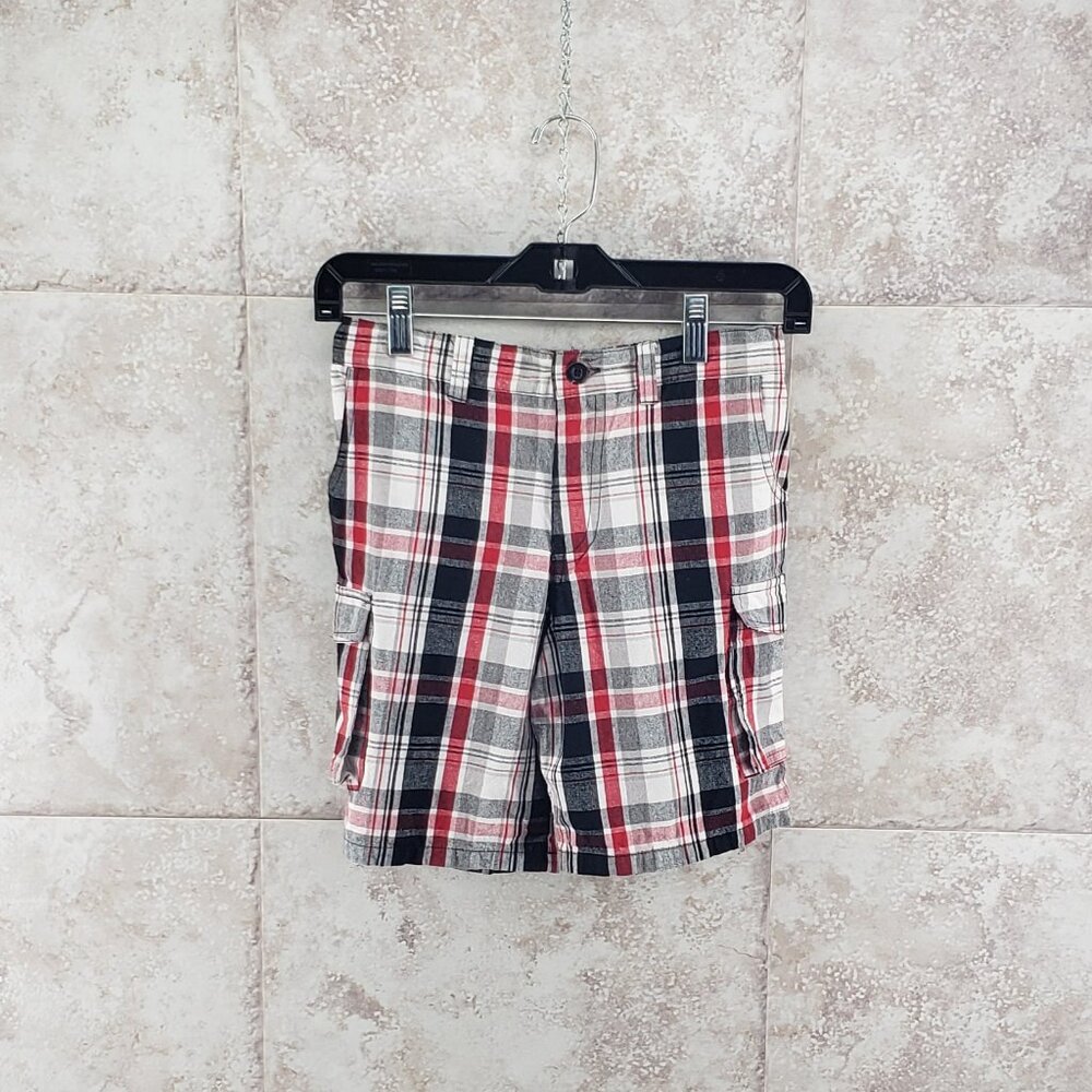 Bugle Boy Bermuda Checked Cargo Shorts Pockets Boys Size 7 Flat Front Golf Plaid